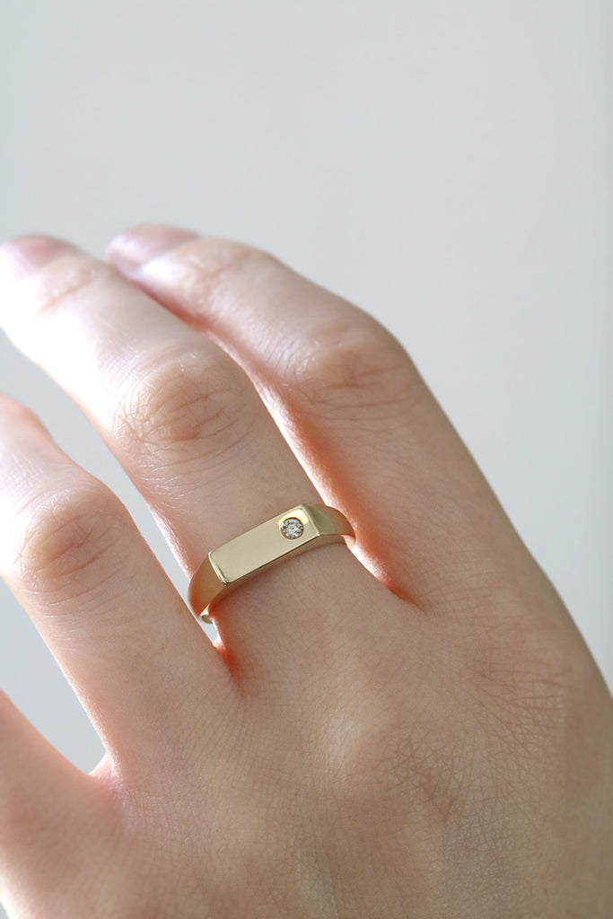 Rectangle Signet Ring with Offset Diamond Yellow Gold