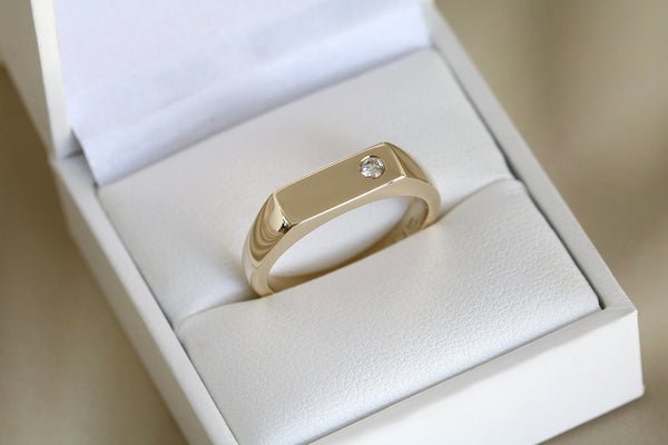 Rectangle Signet Ring with Offset Diamond Yellow Gold