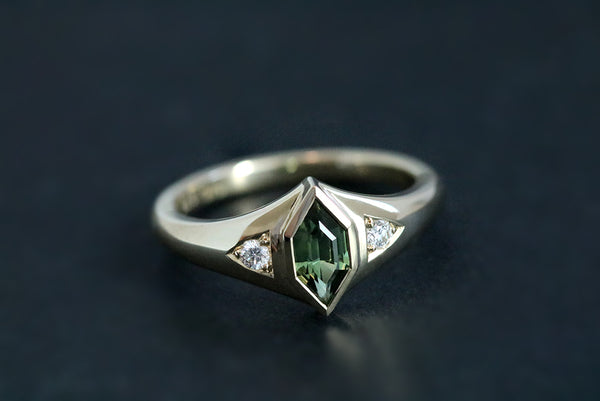 Australian Green Sapphire Elongated Hexagon Bezel Set Ring