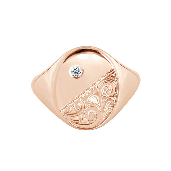 Large Scrollwork Engraved Signet Ring with Diamond Rose Gold