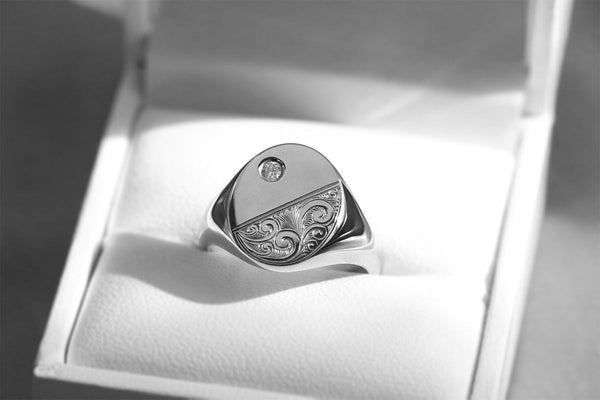 Large Scrollwork Engraved Signet Ring with Diamond White Gold
