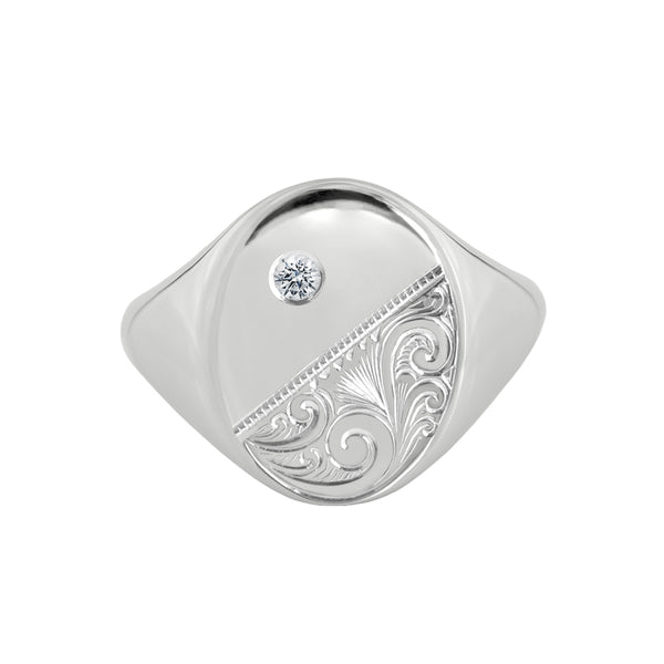 Large Scrollwork Engraved Signet Ring with Diamond White Gold