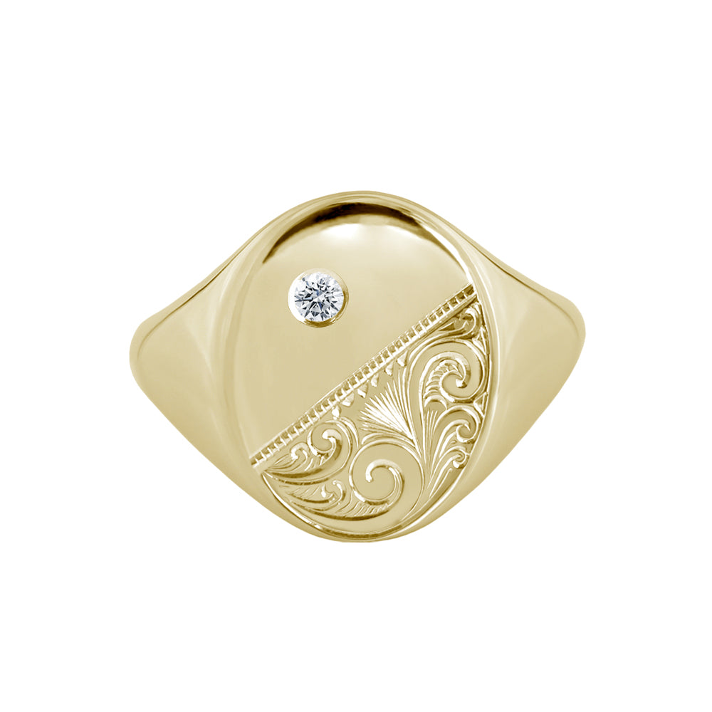 Large Scrollwork Engraved Signet Ring with Diamond Yellow Gold