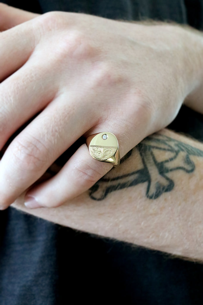 Large Scrollwork Engraved Signet Ring with Diamond Yellow Gold