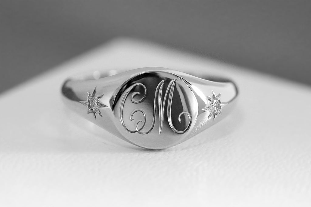 Petite Initial Signet Ring with Star Set Diamonds White Gold