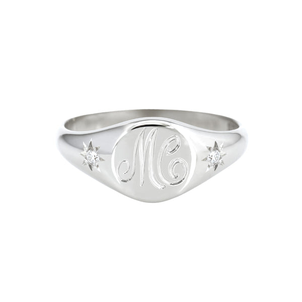 Petite Initial Signet Ring with Star Set Diamonds White Gold