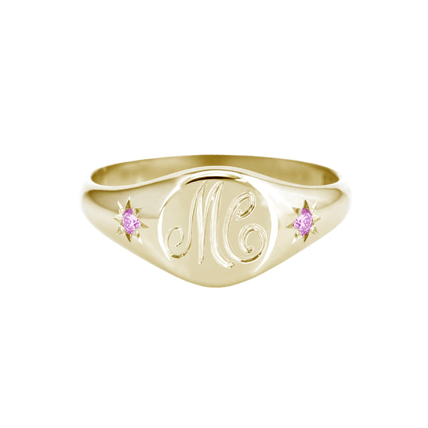 Petite Initial Signet Ring with Star Set Pink Sapphires Yellow Gold