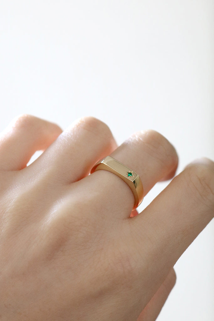 Rectangle Signet Ring with Star Set Emerald Yellow Gold