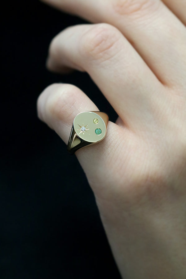 Oval Signet Ring with Gemstones and Star Set Diamond Yellow Gold