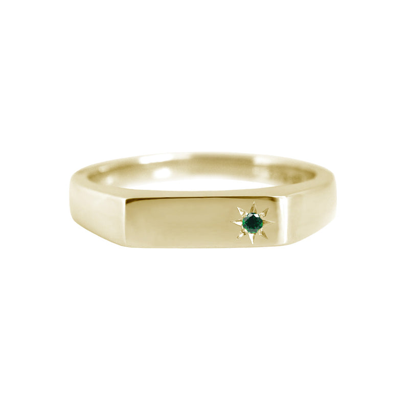 Rectangle Signet Ring with Star Set Emerald Yellow Gold