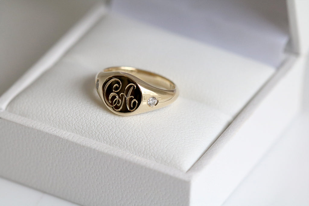 Petite Initial Signet Ring with Side Diamonds Yellow Gold