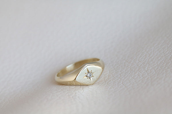 Petite Sideways Champagne Diamond Signet Ring Yellow Gold