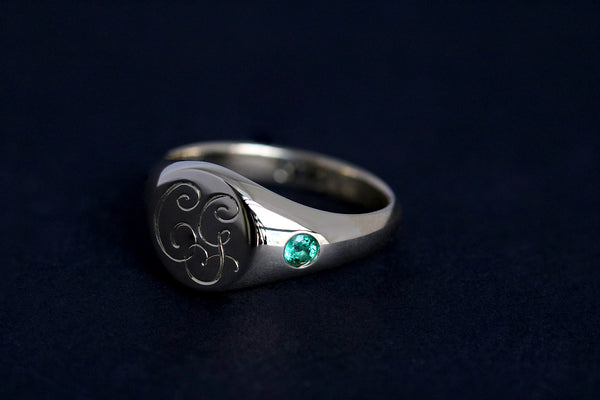 Petite Initial Signet Ring with Side Emeralds Yellow Gold