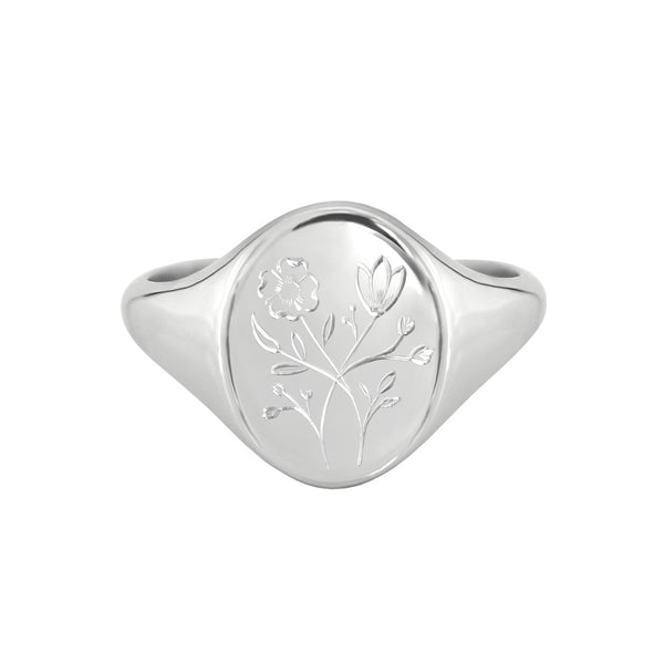 engraved wildflowers signet ring white gold