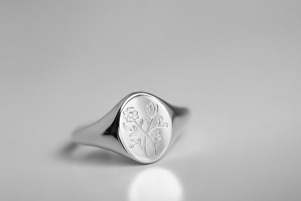 Engraved Wildflowers Signet Ring White Gold