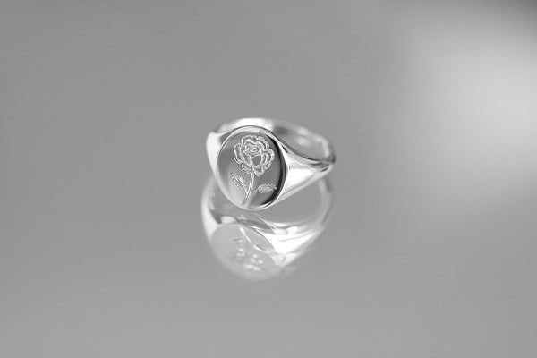 Large Engraved Rose Signet Ring White Gold