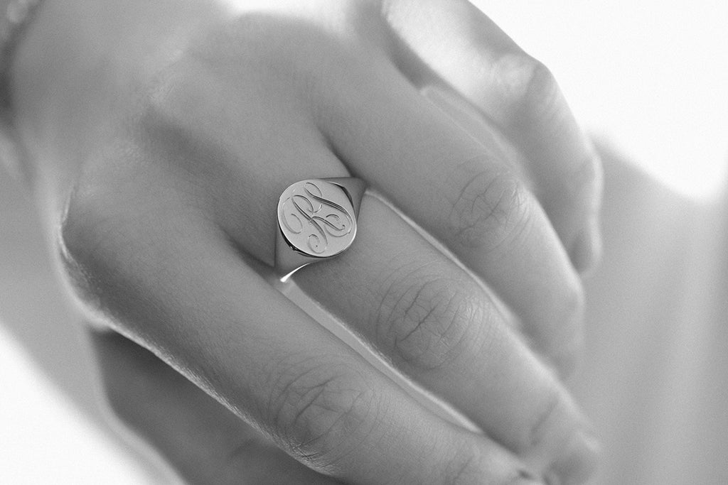 Engraved Initial Signet Ring on hand