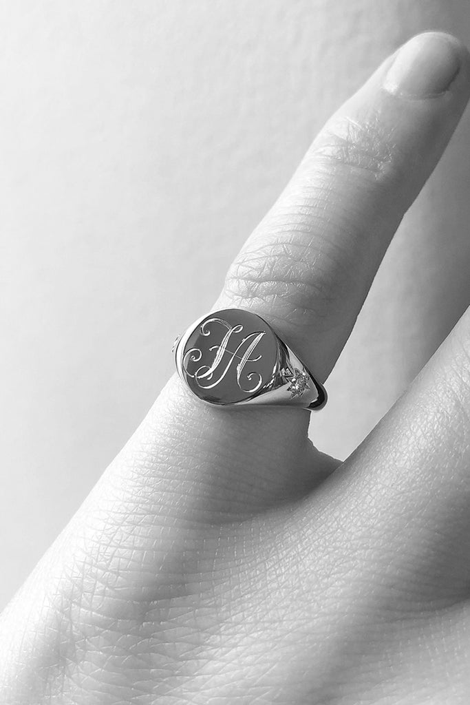 Engraved monogram round pinky ring