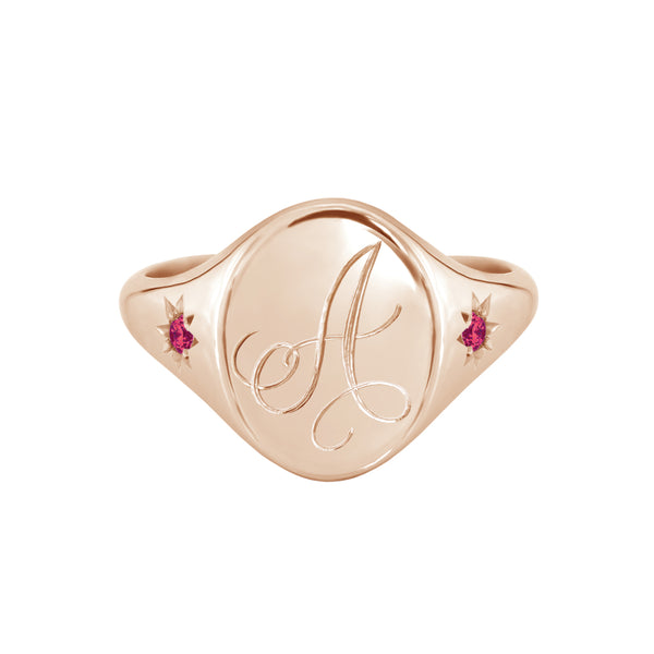 Star Set Ruby Monogram Oval Signet Ring Rose Gold