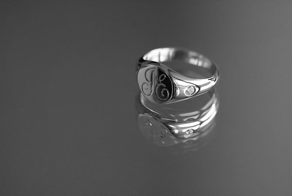 Petite Initial Signet Ring with Side Diamonds White Gold