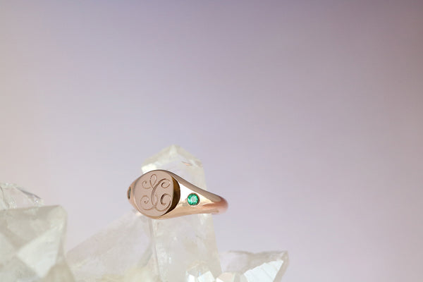 Petite Initial Signet Ring with Side Emeralds Rose Gold