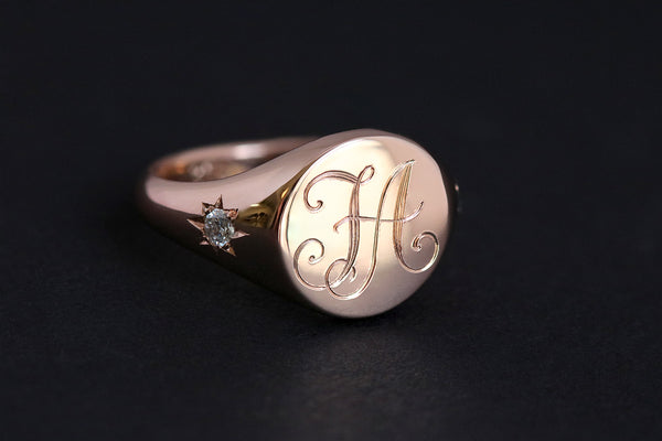 Round Monogram Signet Ring with star set diamonds rose gold