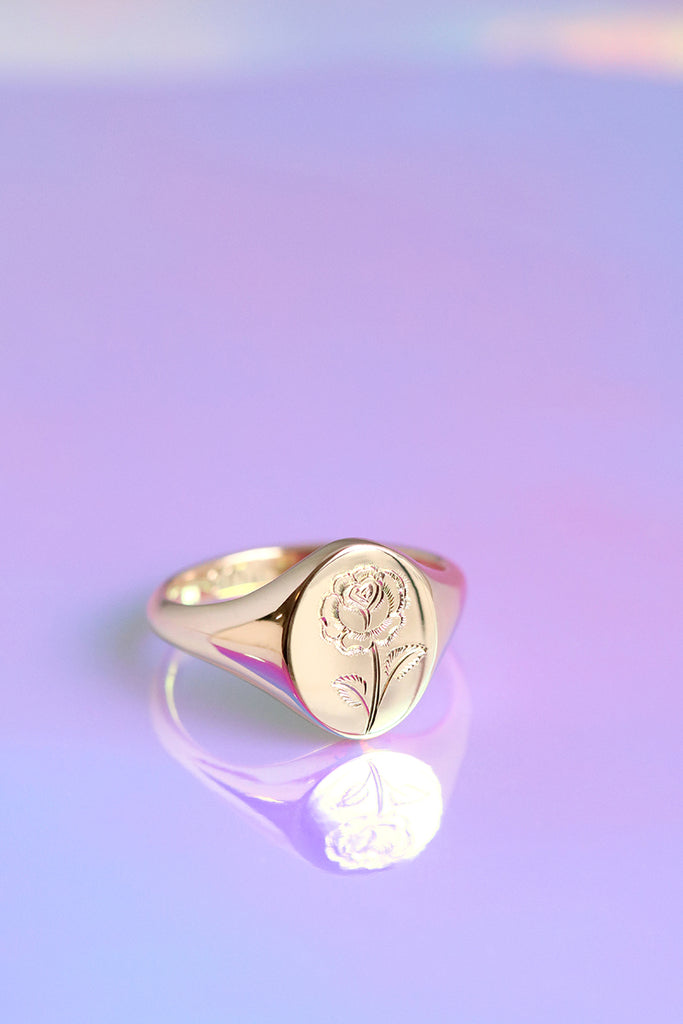 Engraved Rose Signet Ring Rose Gold