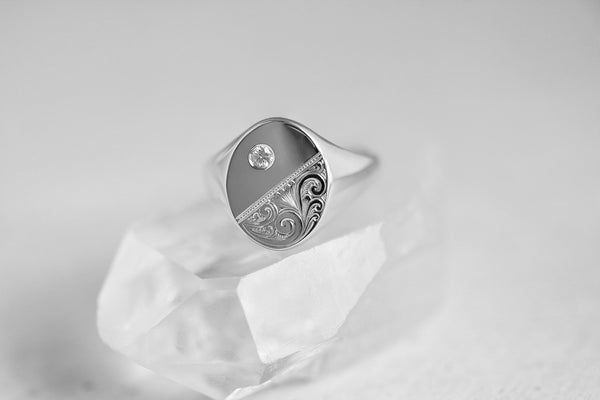 Scrollwork Engraved Signet Ring with Diamond Rose Gold