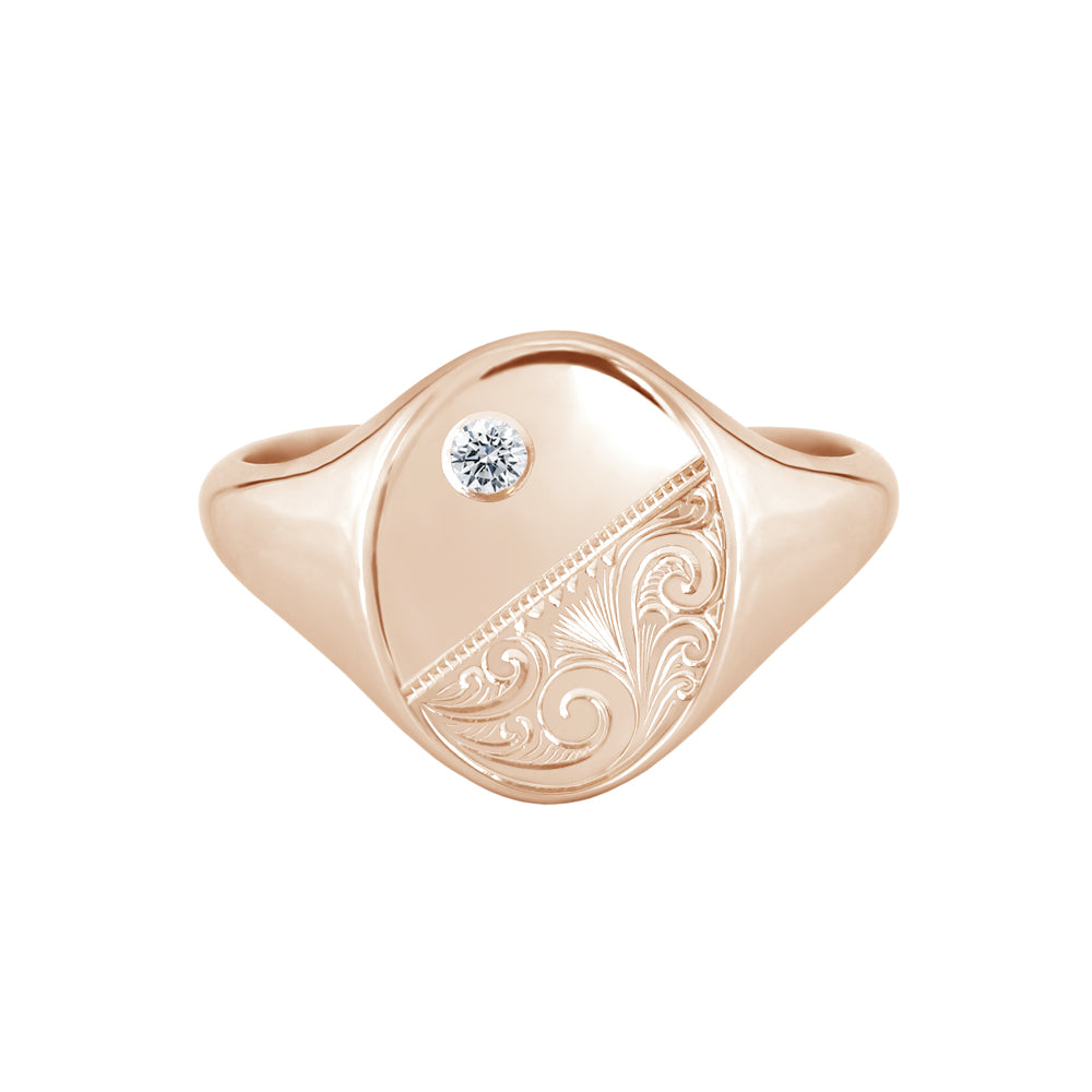 Scrollwork Engraved Signet Ring with Diamond Rose Gold