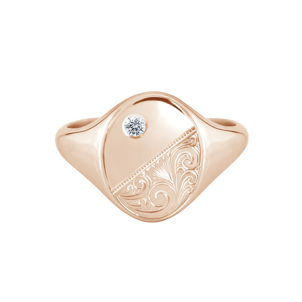 Scrollwork Engraved Signet Ring with Diamond Rose Gold
