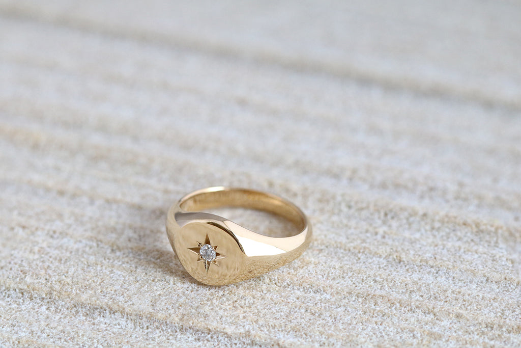 Petite Star Set Diamond Signet Ring Yellow Gold