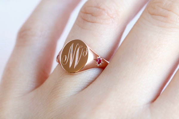 Star Set Ruby Monogram Oval Signet Ring Rose Gold