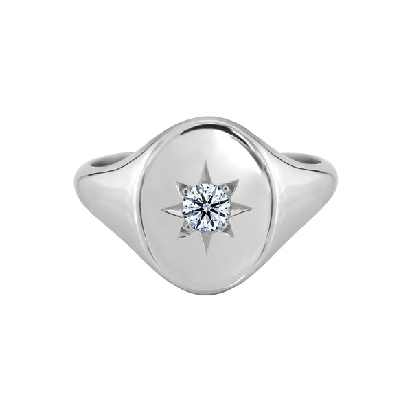 Star Set Signet Ring White Gold