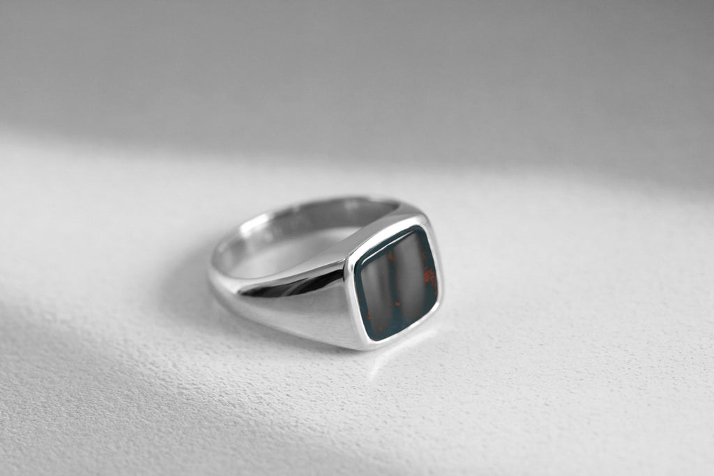 10mm Cushion Bloodstone Signet Ring White Gold