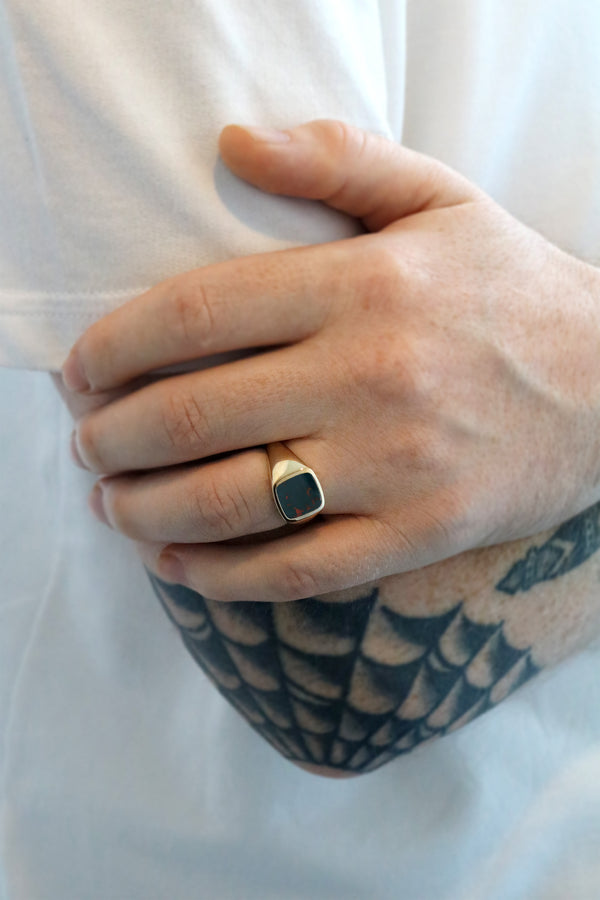10mm Cushion Bloodstone Signet Ring Yellow Gold