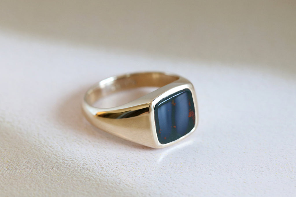10mm Cushion Bloodstone Signet Ring Yellow Gold