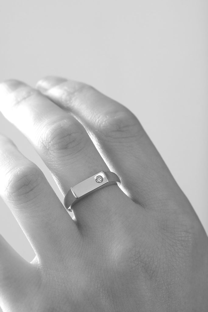 Rectangle Signet Ring with Offset Diamond White Gold