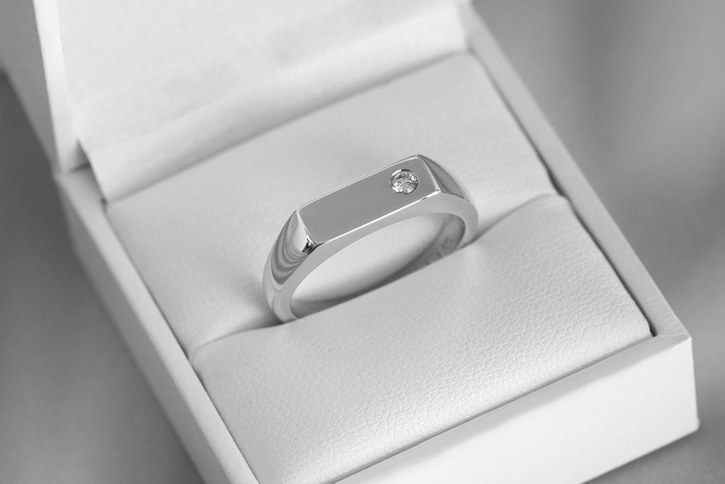 Rectangle Signet Ring with Offset Diamond White Gold
