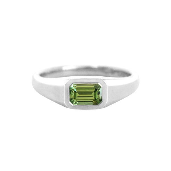 Emerald Cut Green Sapphire East West Bezel Set Signet Ring White Gold