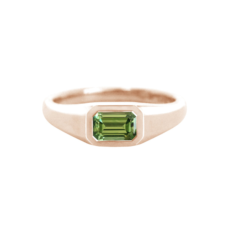 Emerald Cut Green Sapphire East West Bezel Set Signet Ring Rose Gold