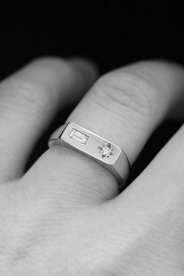 Asymmetric Baguette Diamond Signet Ring White Gold