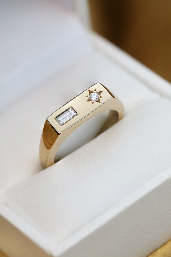 Asymmetric Baguette Diamond Signet Ring Yellow Gold