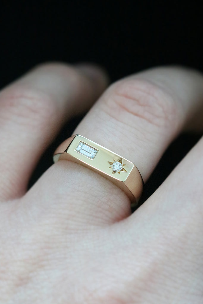 Asymmetric Baguette Diamond Signet Ring Yellow Gold