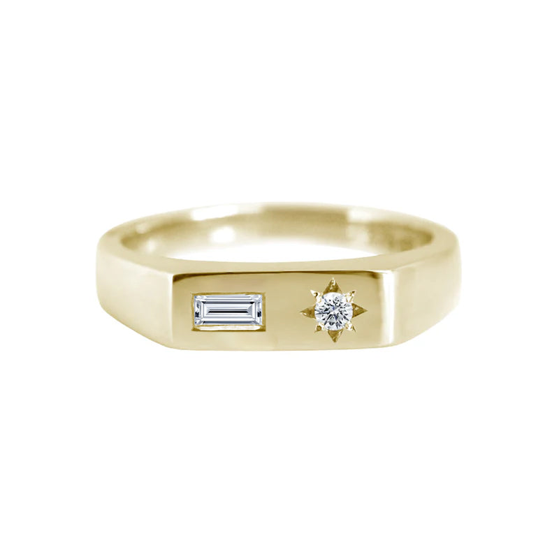 Asymmetric Baguette Diamond Signet Ring Yellow Gold