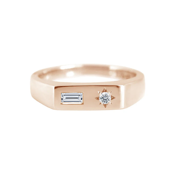 Asymmetric Baguette Diamond Signet Ring Rose Gold