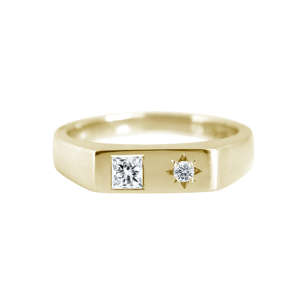 Square and star set diamond signet ring yellow gold