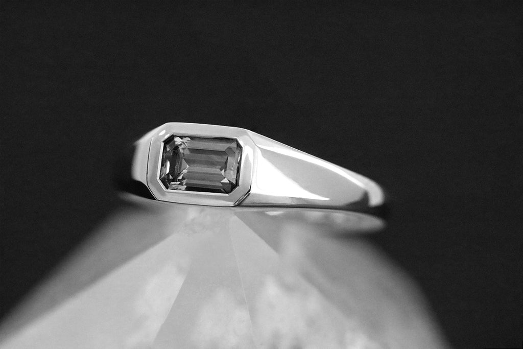 Emerald Cut Green Sapphire East West Bezel Set Signet Ring White Gold