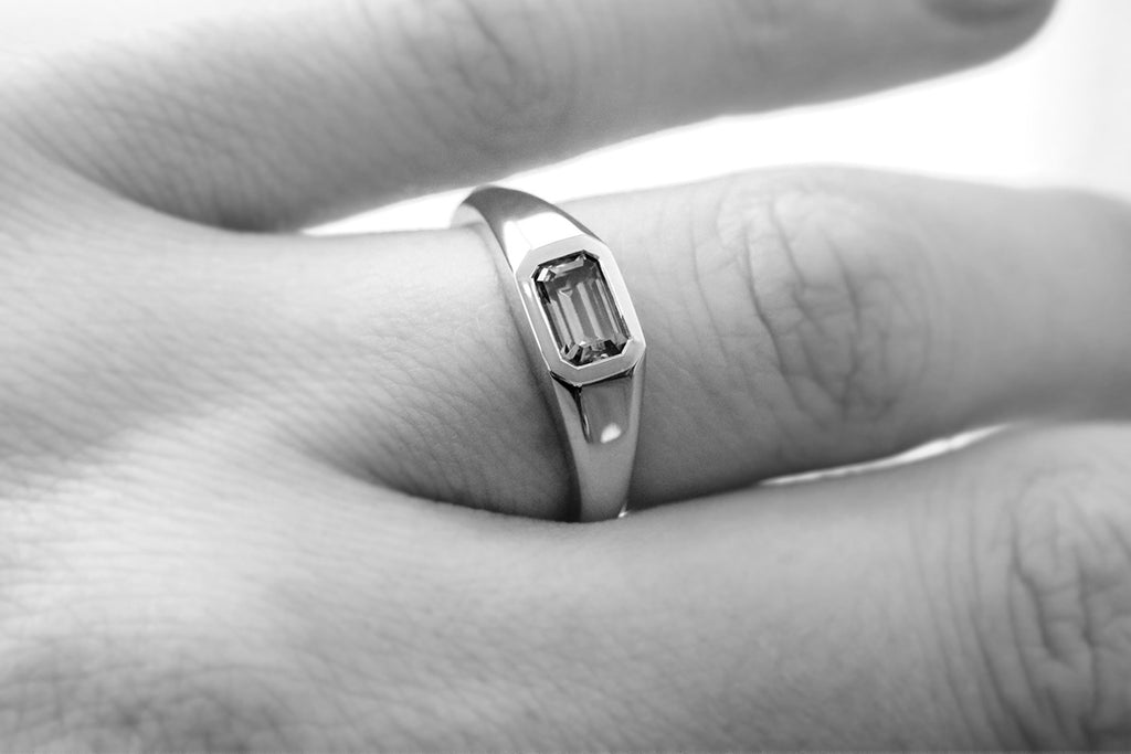 Emerald Cut Green Sapphire East West Bezel Set Signet Ring Rose Gold