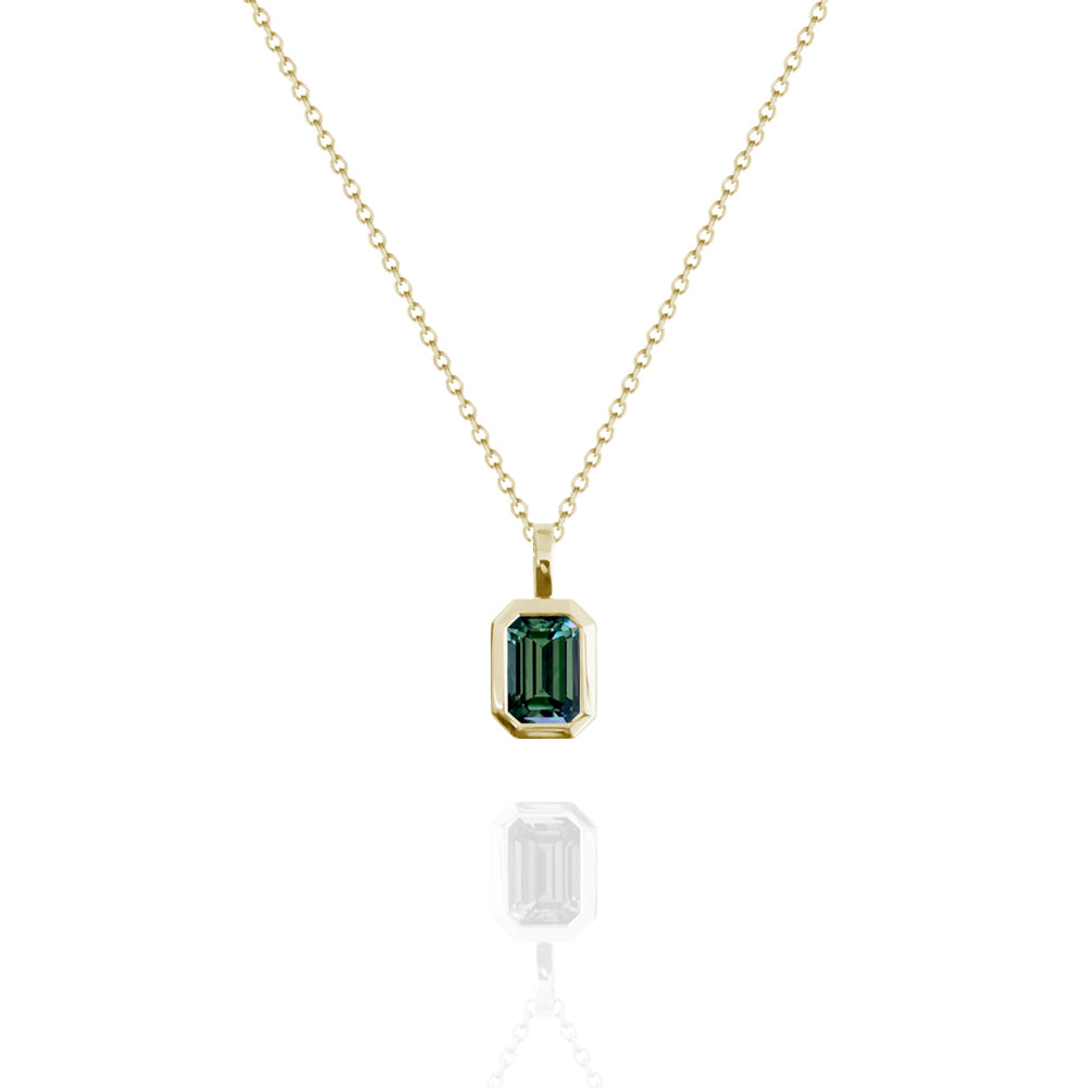 Bezel Set Emerald Cut Australian Parti Sapphire Necklace Yellow Gold