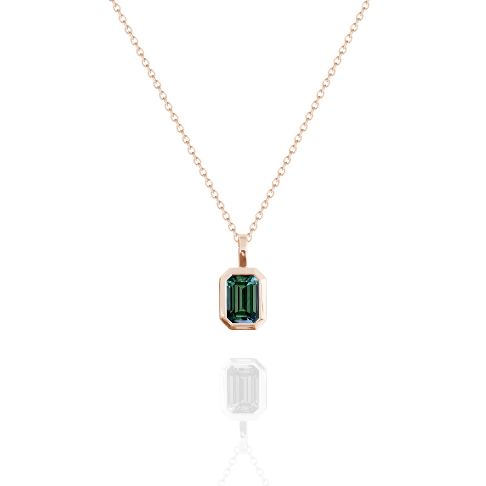 Bezel Set Emerald Cut Australian Parti Sapphire Necklace Rose Gold